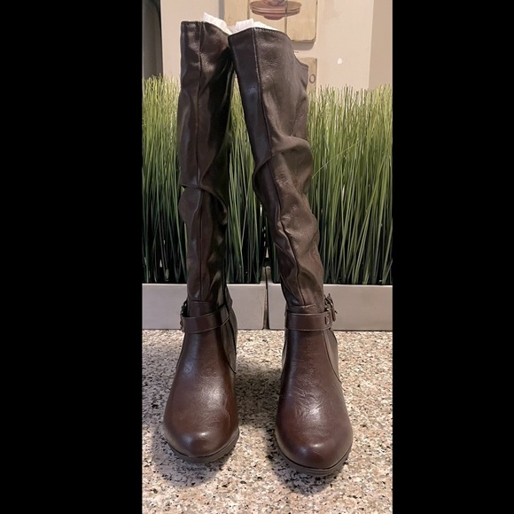 Bongo Faux Leather Studded Dark Brown Slouchy Tall Boots 3” Heels Sz 8.5 - Picture 7 of 11